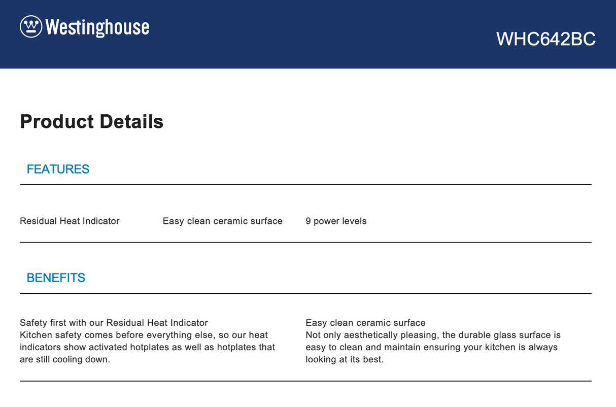Westinghouse Whc642Bc 60Cm Ceramic Cooktop - New Clearance Stock