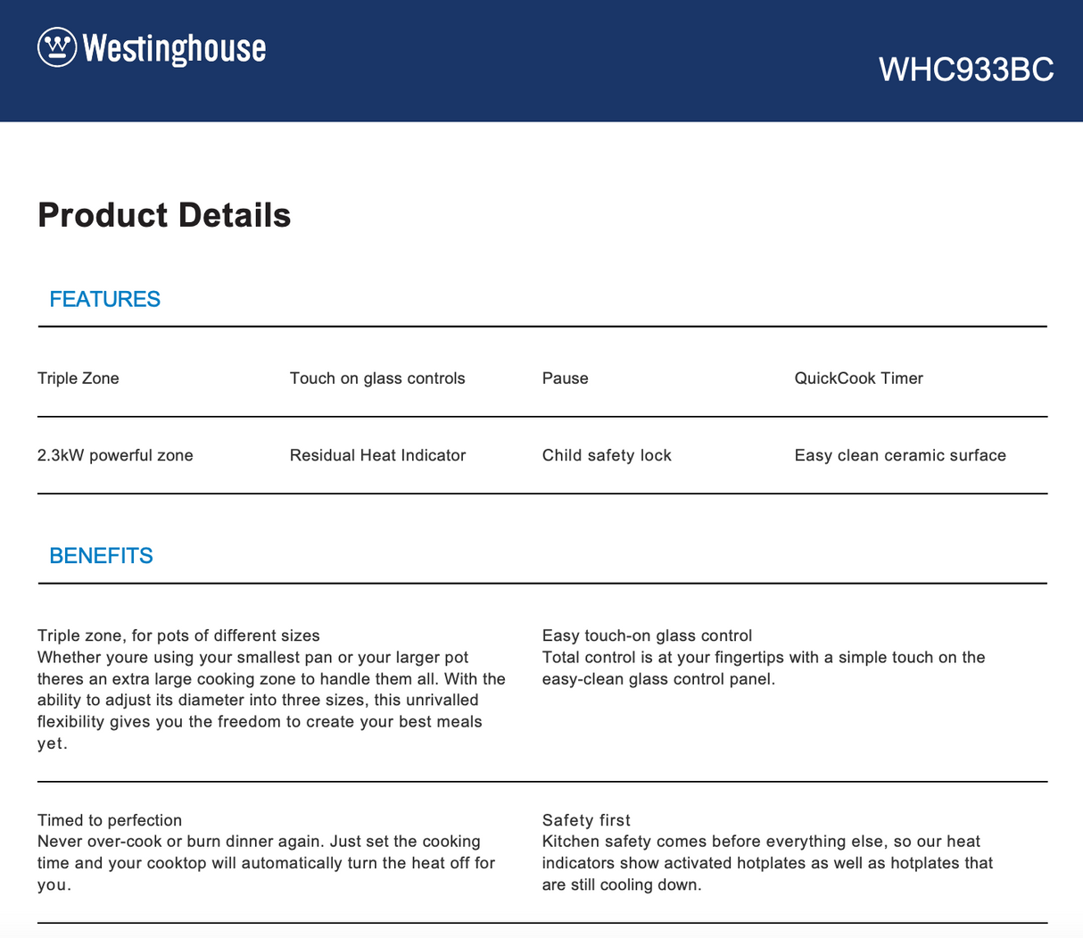 Westinghouse WHC933BD 90cm Ceramic Cooktop - Westinghouse Seconds and Clearance Discount