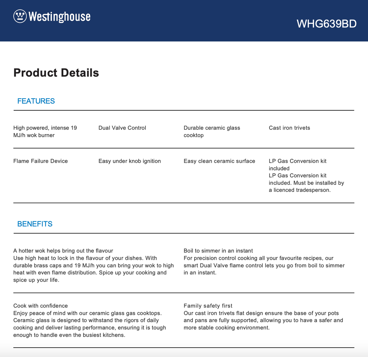Westinghouse WHG639BD 60cm 3 Burner Gas Glass Cooktop - Factory Seconds