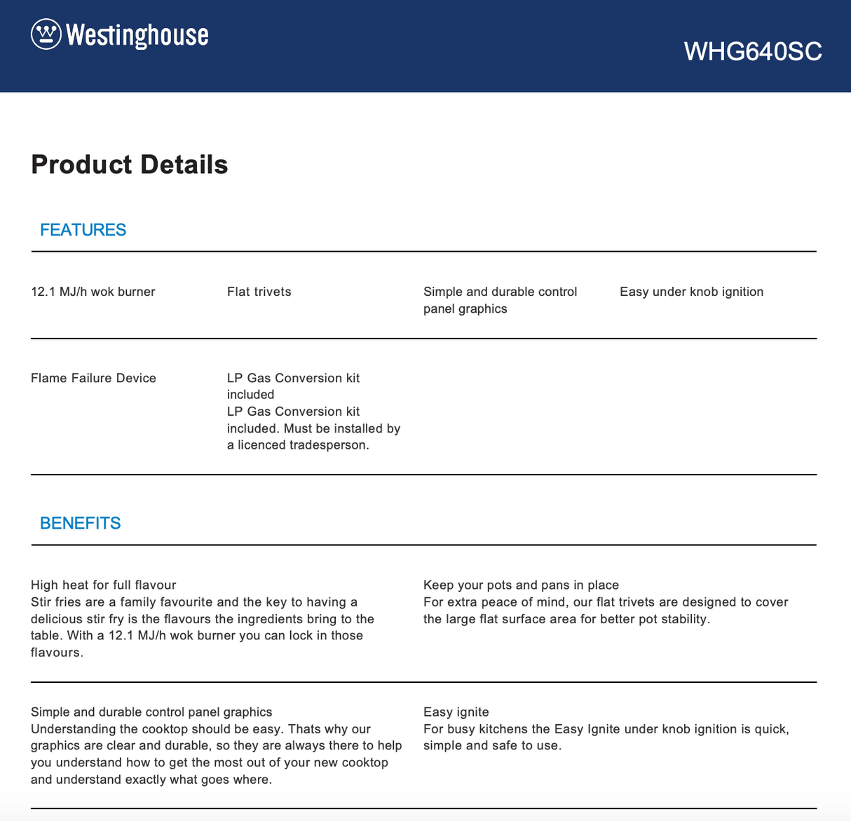 Westinghouse WHG640SC 60cm 4 Burner Natural Gas Cooktop - Westinghouse Factory Seconds