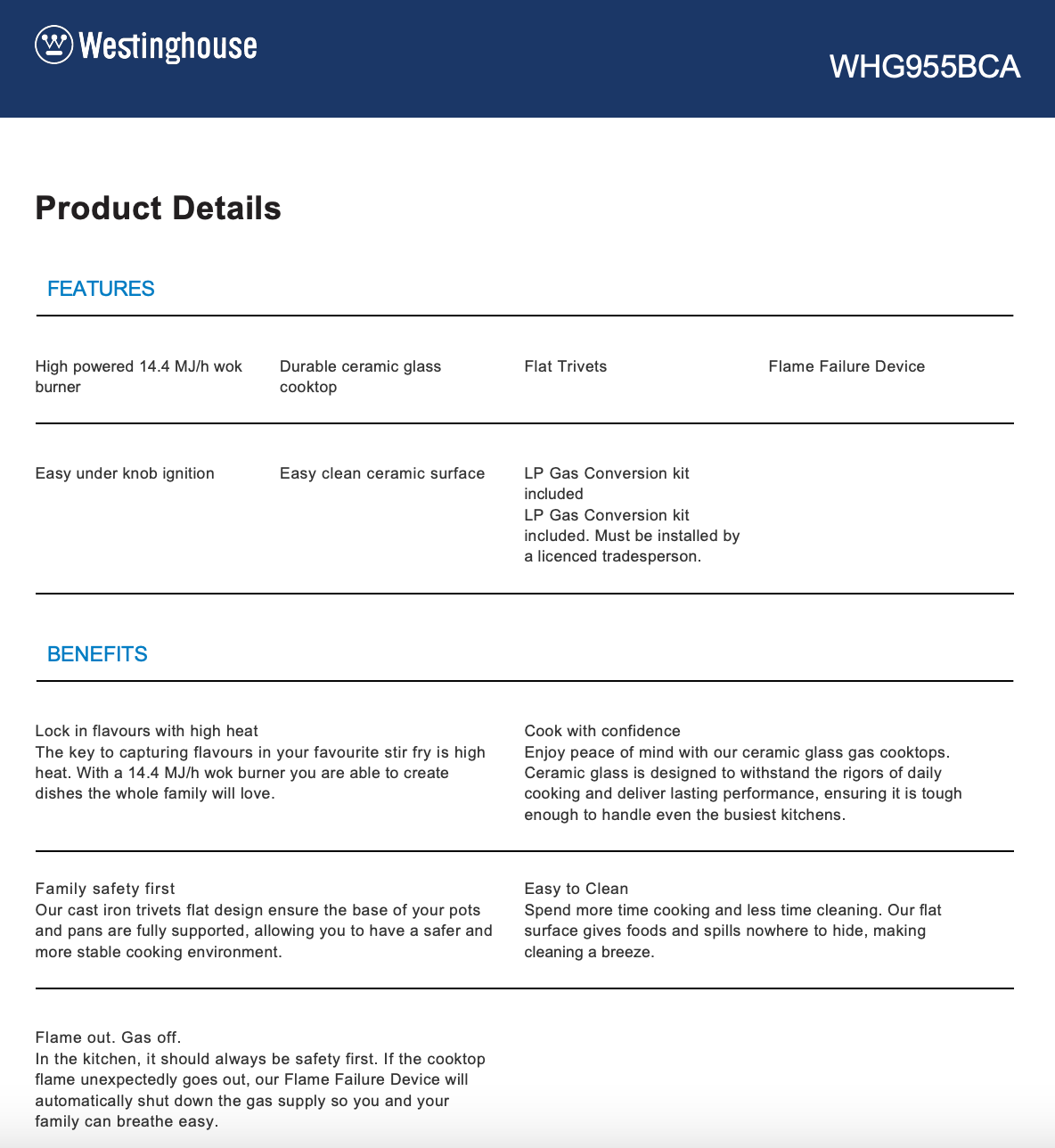 Westinghouse WHG955BCA 90cm 5 Burner Black Glass Gas Cooktop - Westinghouse Factory Seconds