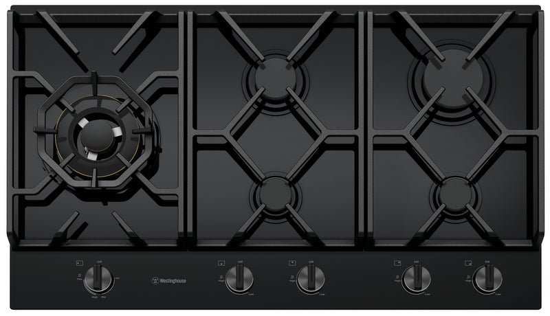 Westinghouse WHG959BD 90cm 5 Burner Black Glass Gas Cooktop - New in Box Clearance and Seconds Discount