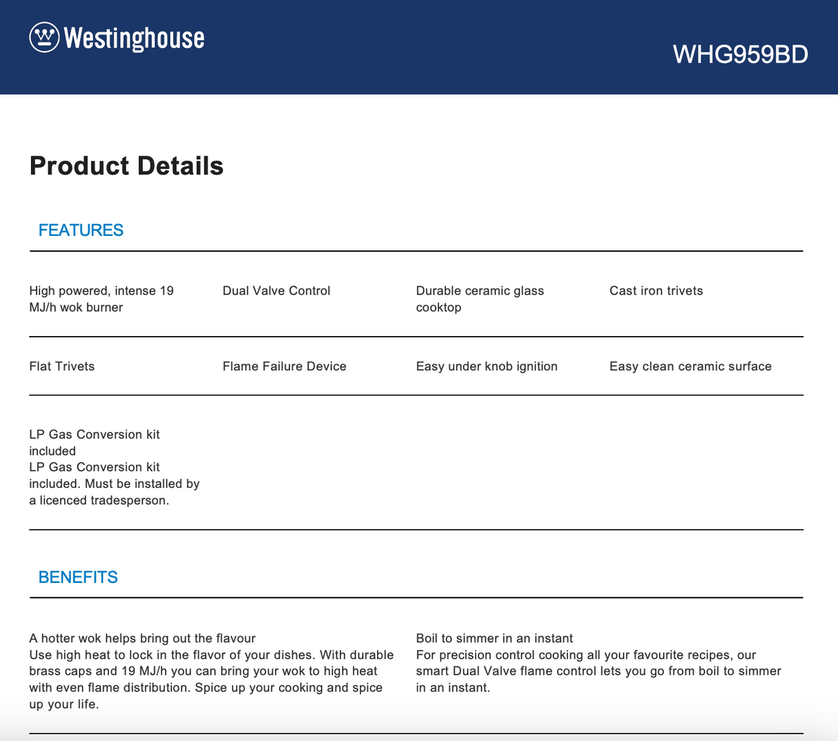 Westinghouse WHG959BD 90cm 5 Burner Black Glass Gas Cooktop - New in Box Clearance and Seconds Discount