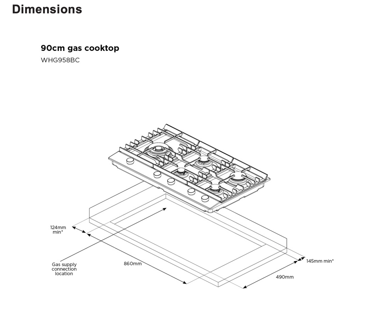 Westinghouse WHG959BD 90cm 5 Burner Black Glass Gas Cooktop - New in Box Clearance and Seconds Discount