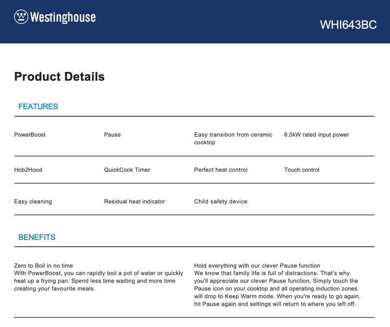 Westinghouse WHI643BC 60cm Black Induction Cooktop - New in Box Clearance and Seconds Discount