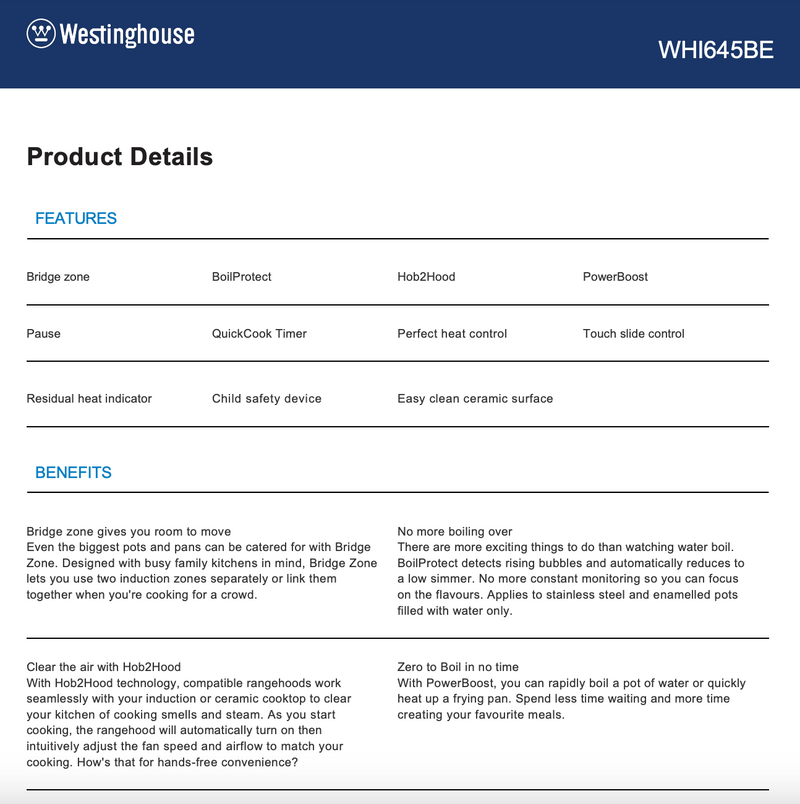 Westinghouse WHI645BE 60cm FlexZone Induction Cooktop - Westinghouse Clearance Display Stock