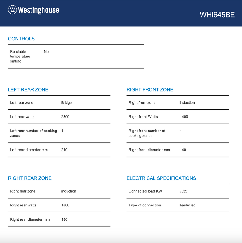 Westinghouse WHI645BE 60cm FlexZone Induction Cooktop - Westinghouse Clearance Display Stock