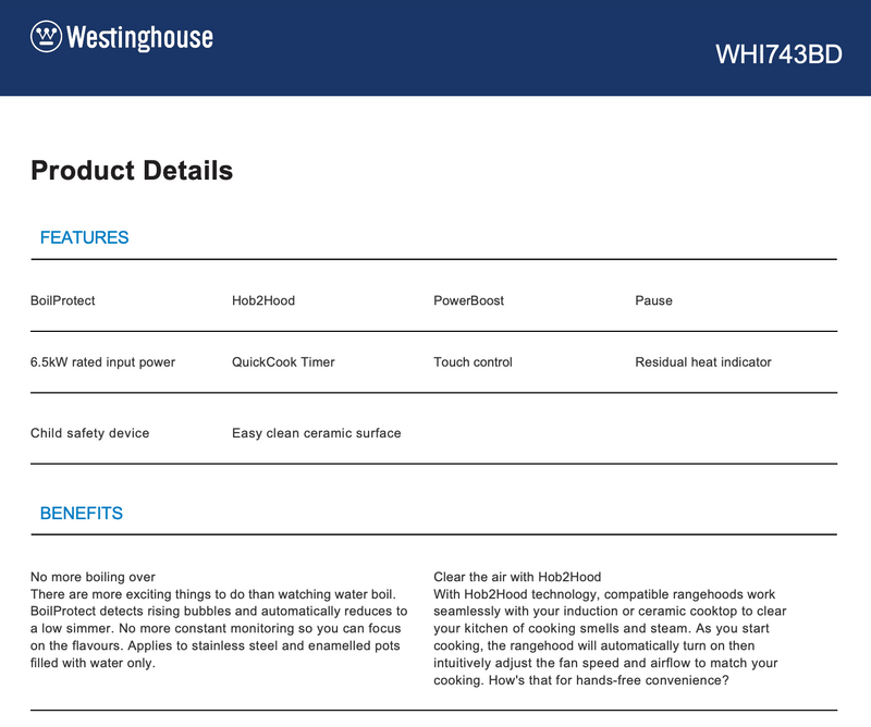 Westinghouse WHI743BD 70cm Induction Cooktop - Westinghouse Clearance and Seconds Stock