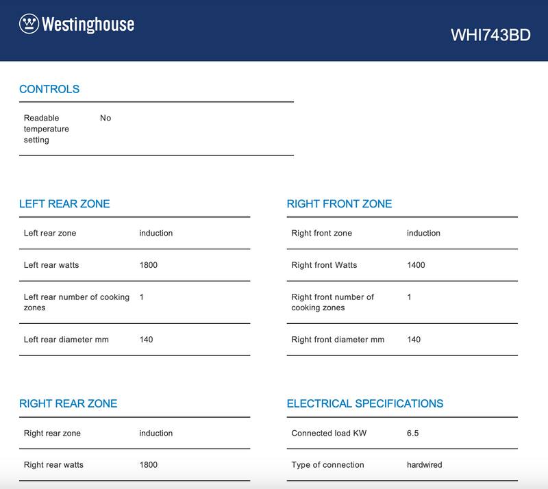 Westinghouse WHI743BD 70cm Induction Cooktop - Westinghouse Clearance and Seconds Stock