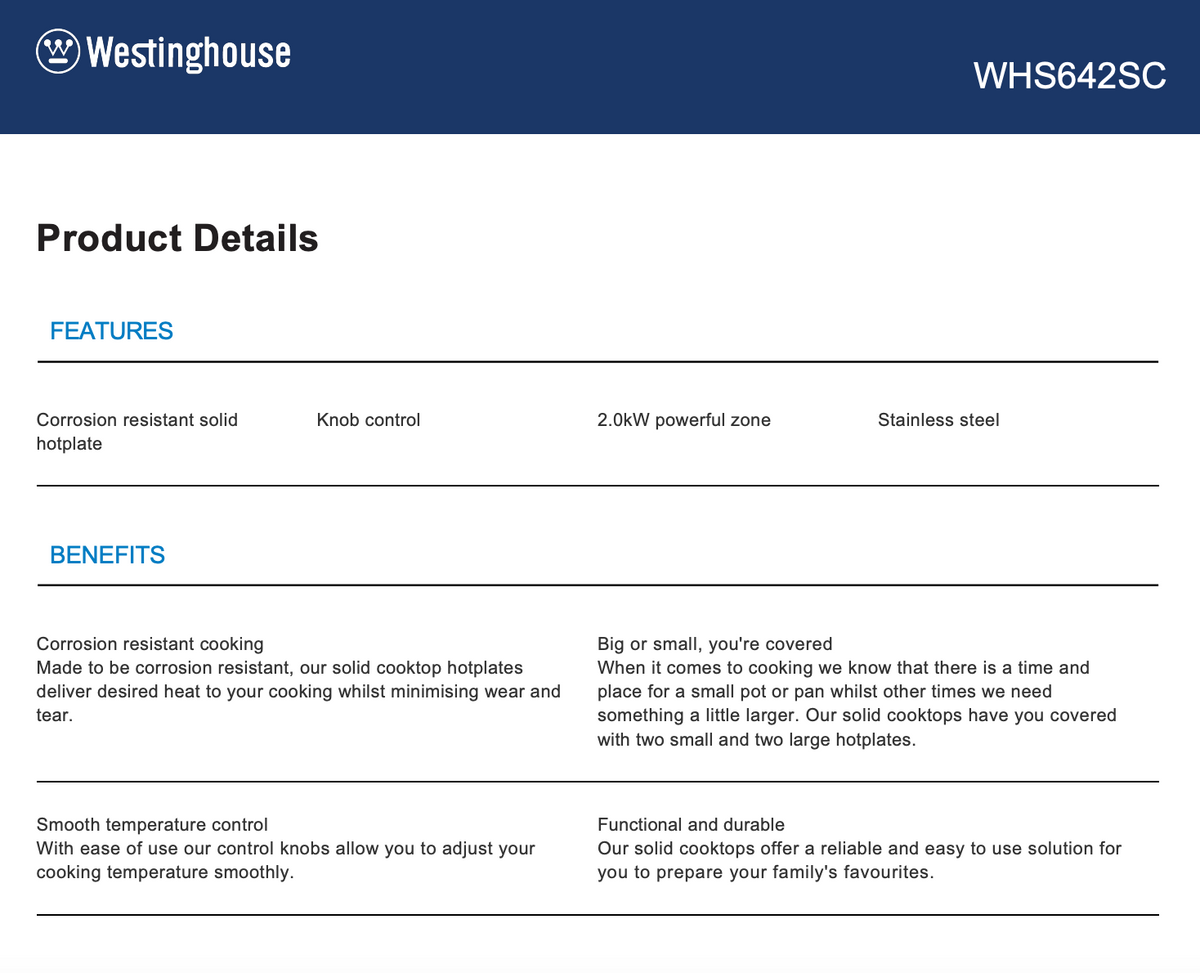 Westinghouse WHS642SC 60cm Ceramic Cooktop - Westinghouse Factory Seconds