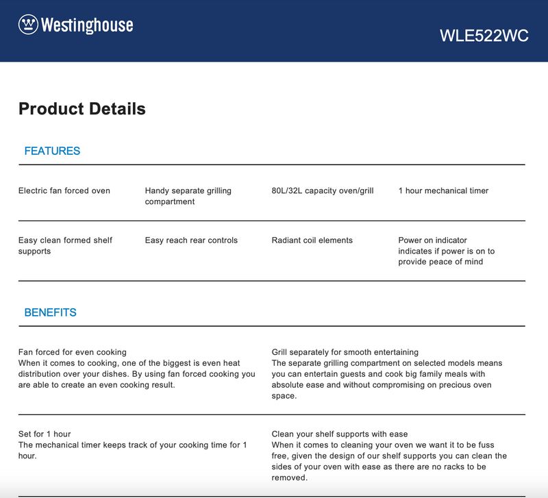 Westinghouse WLE522WC 54cm Freestanding Fan Forced Electric Oven/Stove - Westinghouse Seconds Discount