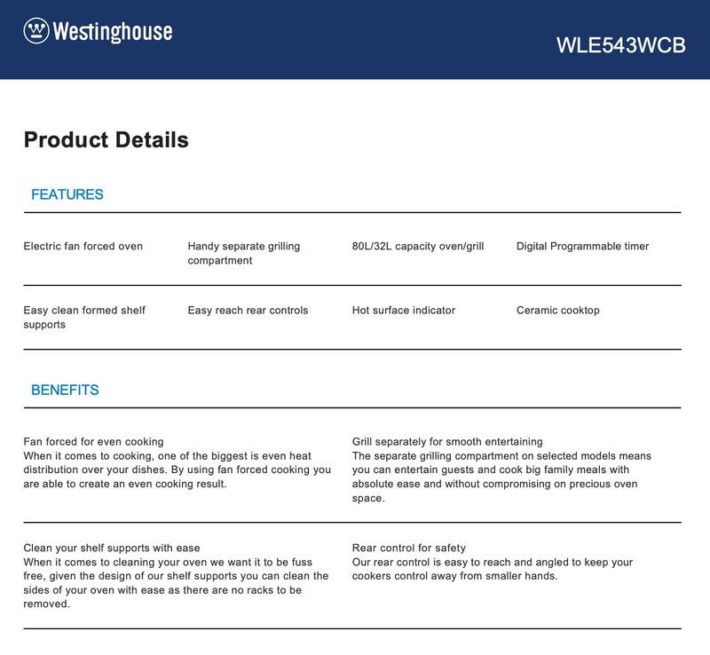 Westinghouse WLE543WCB 54cm Freestanding Electric Oven/Stove - Westinghouse Cosmetic Seconds Discount