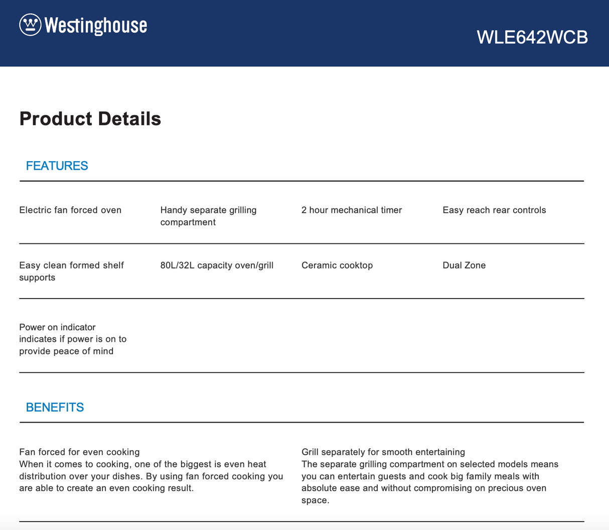 Westinghouse WLE642WCB 60cm Freestanding Fan Forced Electric Oven/Stove - Westinghouse Seconds Discount