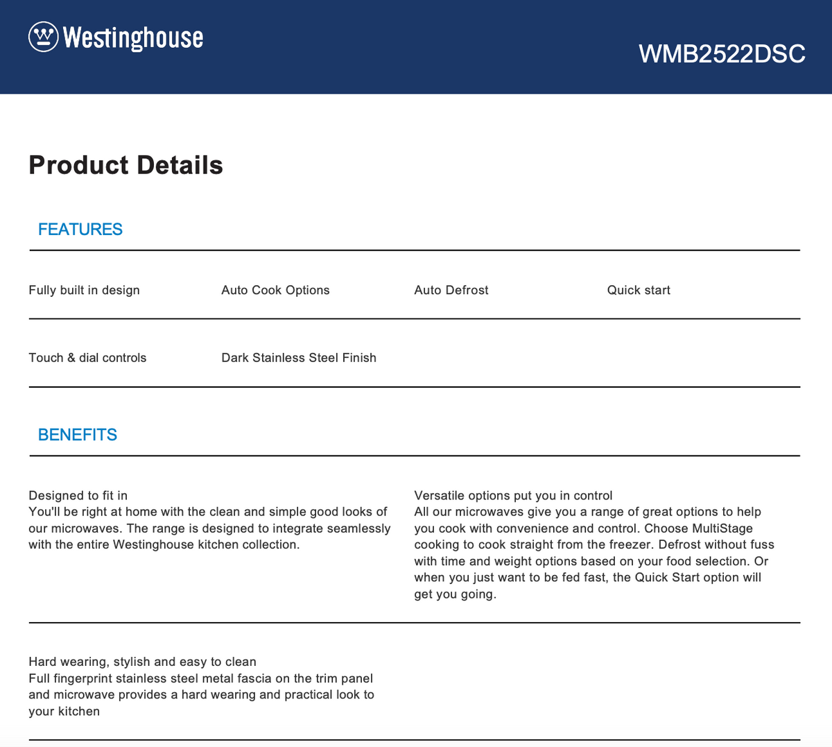 Westinghouse WMB2522DSC 25L Built-In 900W Microwave, Dark Stainless Steel - Westinghouse Factory Seconds