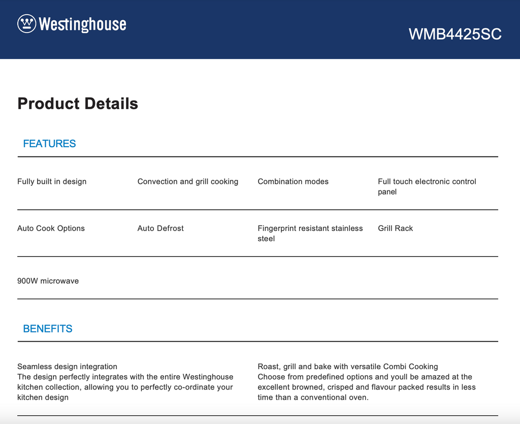 Westinghouse WMB4425SC 44L Builtin Combination Microwave and Oven W