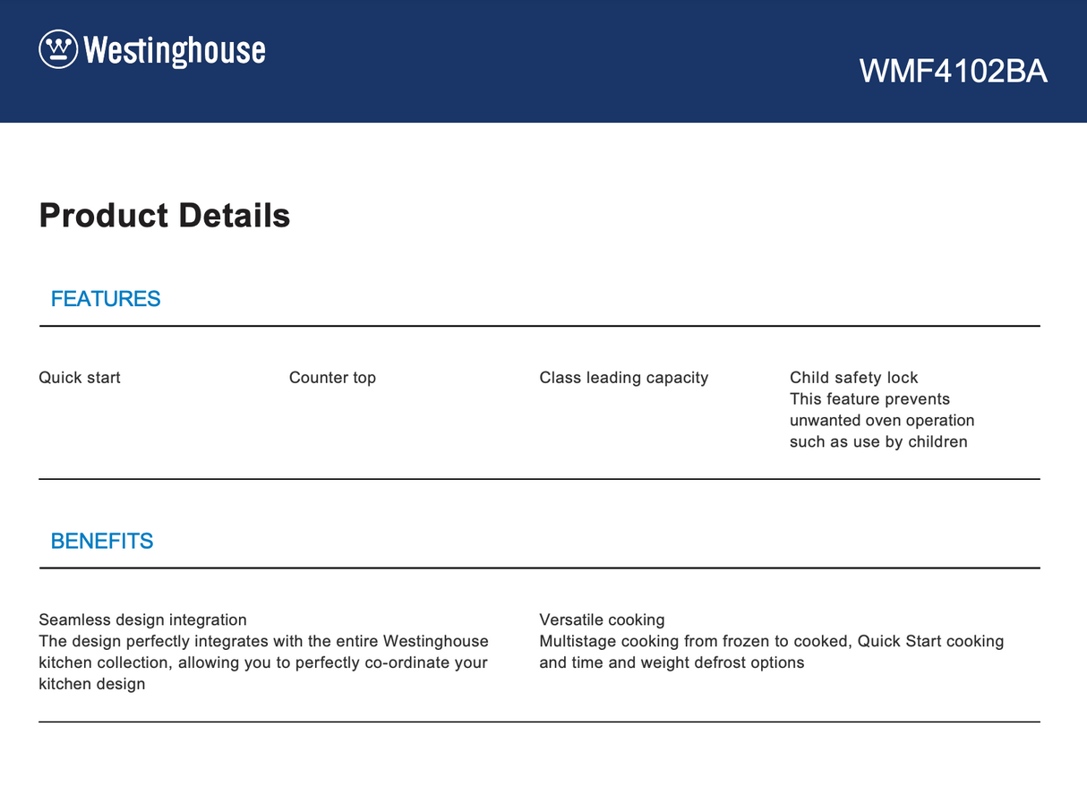 Westinghouse WMF4102BA 1100W 40L Microwave Oven - Westinghouse Factory Seconds