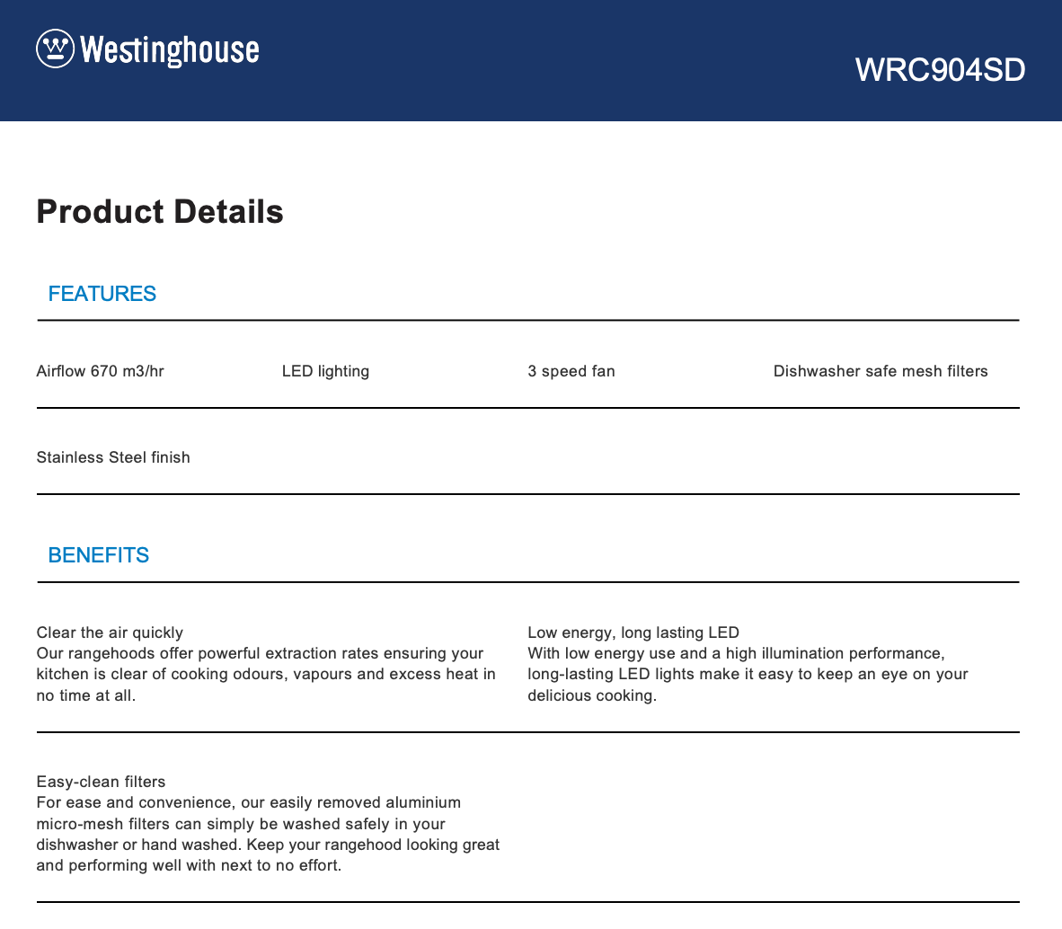 Westinghouse WRC904SD 90cm Stainless Steel Canopy Rangehood - Clearance Discount
