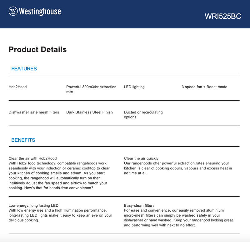 Westinghouse WRI525BC 52cm Integrated UnderMount Dark Stainless Steel Rangehood with Hob2Hood Dark Stainless Steel - Clearance New in Box Discount