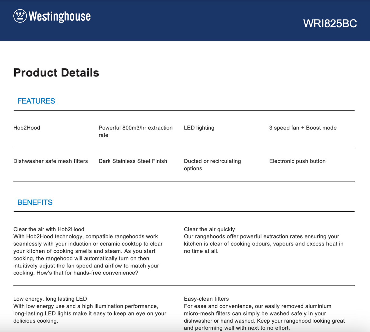 Westinghouse WRI825BC 86cm Integrated UnderMount Rangehood with Hob2Hood Dark Stainless Steel - Clearance Discount