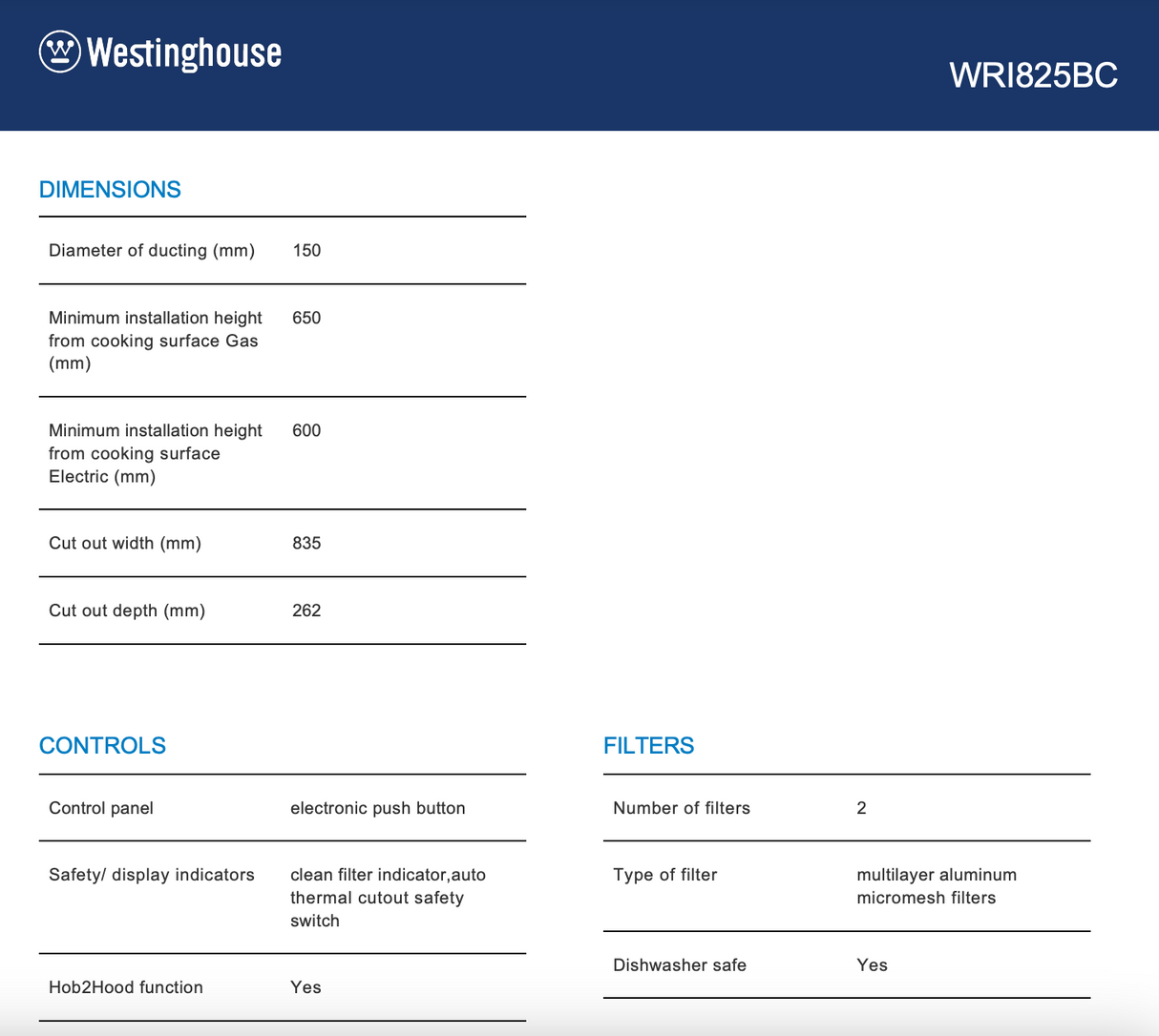 Westinghouse WRI825BC 86cm Integrated UnderMount Rangehood with Hob2Hood Dark Stainless Steel - Clearance Discount