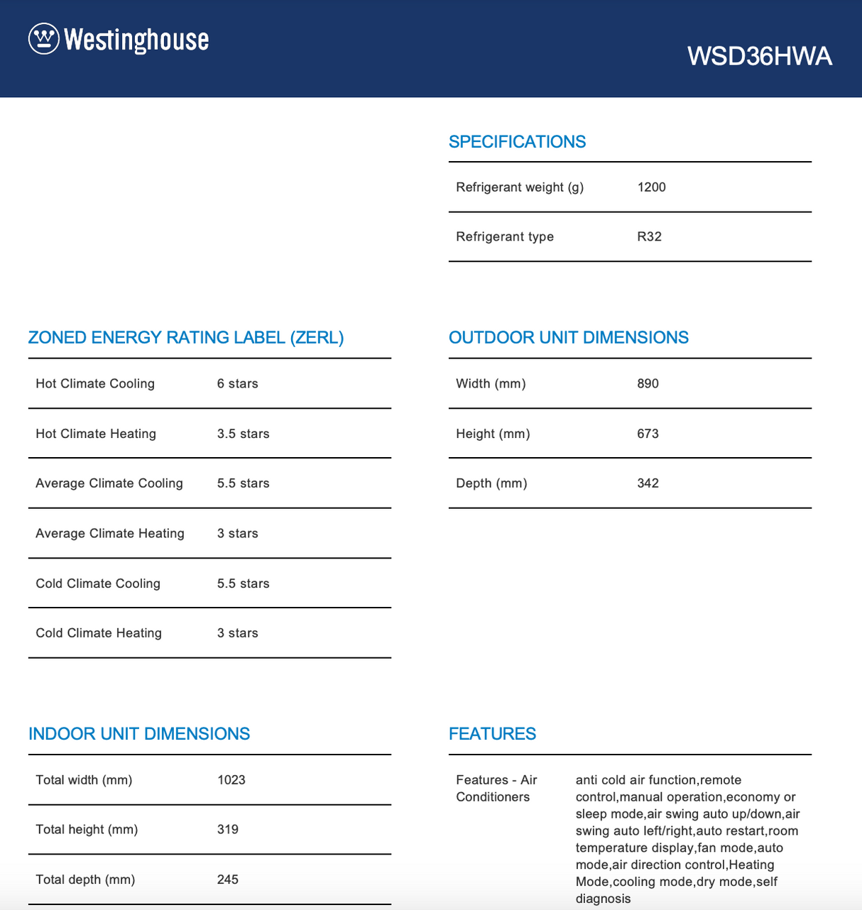 Westinghouse WSD36HWA 3.6kW Split System Reverse Cycle Air Conditioner - Westinghouse Clearance Discount