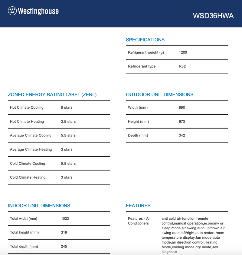 Westinghouse WSD36HWA 3.6kW Split System Reverse Cycle Air Conditioner - Westinghouse Clearance Discount