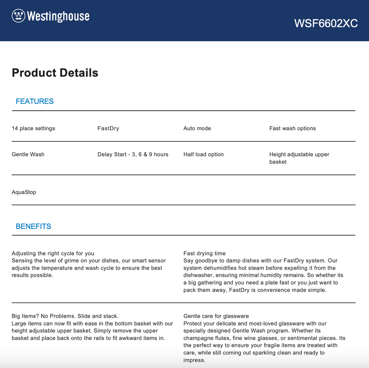 Westinghouse WSF6602XC 60cm Stainless Steel 14 Place Freestanding Dishwasher - Factory Seconds