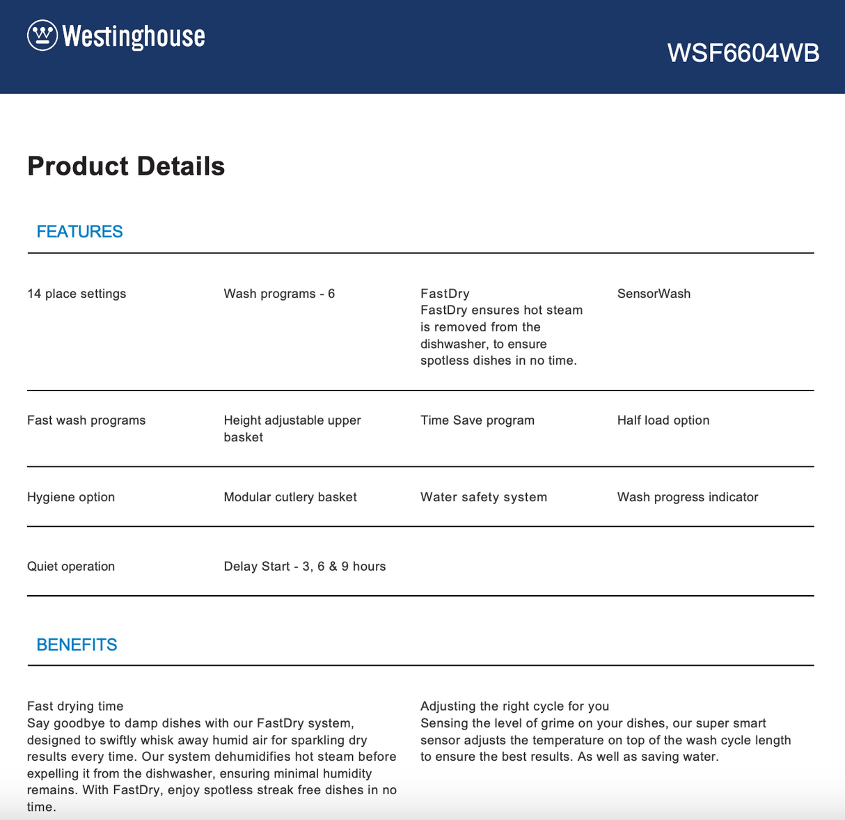 Westinghouse WSF6604XB 60cm Stainless Steel Dishwasher – Westinghouse Factory Seconds