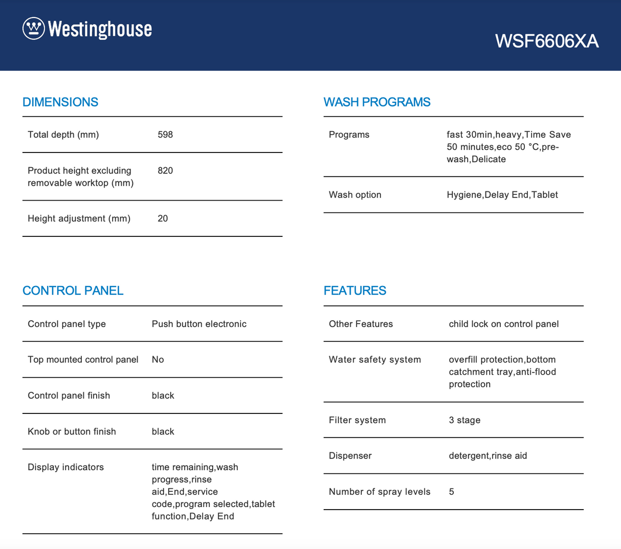 Westinghouse WSF6606XA Freestanding Dishwasher - Westinghouse Seconds Discount