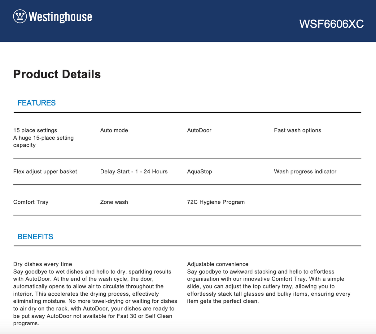 Westinghouse WSF6606XC 60cm Stainless Steel Freestanding Dishwasher - Westinghouse Factory Seconds