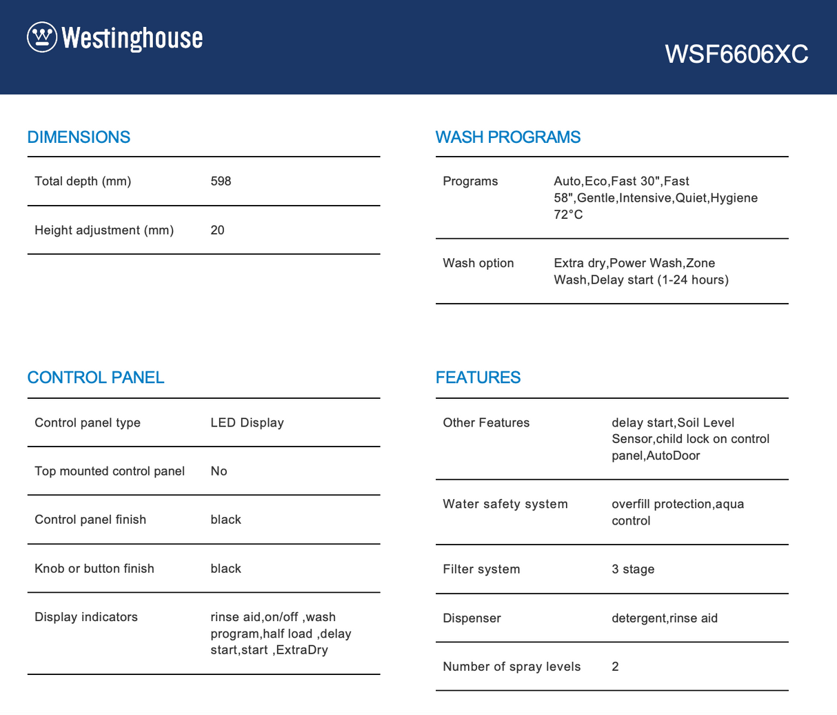 Westinghouse WSF6606XC 60cm Stainless Steel Freestanding Dishwasher - Westinghouse Factory Seconds