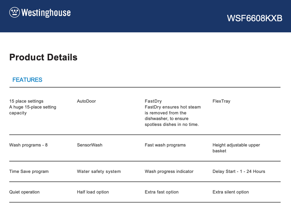 Westinghouse WSF6608KXB 60cm Dark Steel Dishwasher – Westinghouse Seconds Discount