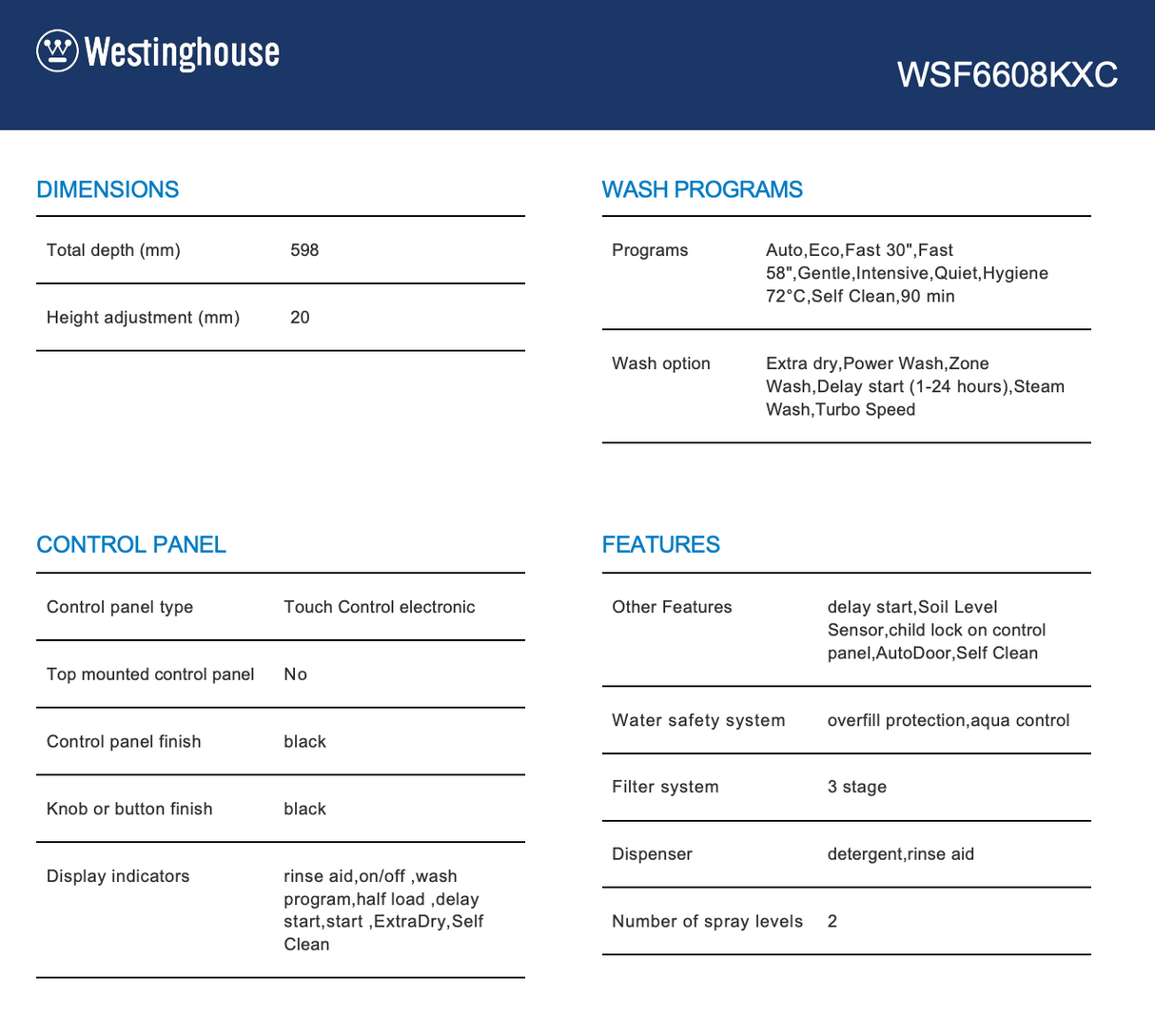 Westinghouse WSF6608KXC 60cm Dark Stainless Steel Freestanding Dishwasher – Westinghouse Factory Seconds