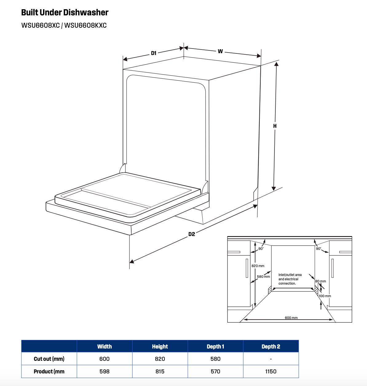 Westinghouse WSU6608XC 60cm Stainless Steel Built Under Dishwasher - Westinghouse Factory Seconds