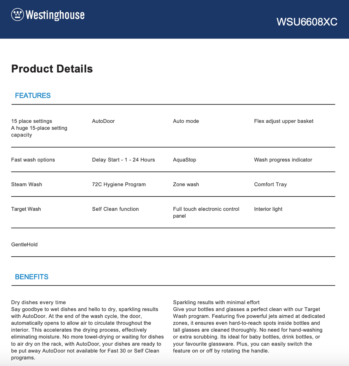 Westinghouse WSU6608XC 60cm Stainless Steel Built Under Dishwasher - Westinghouse Factory Seconds
