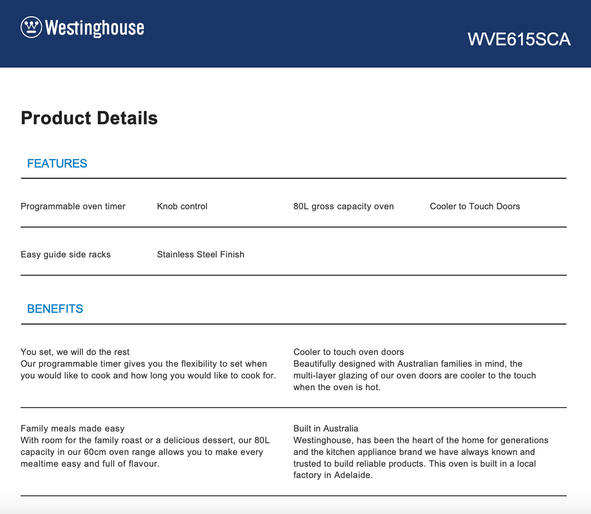 Westinghouse WVE615SCA 60m Electric Oven - Ex Display Discount