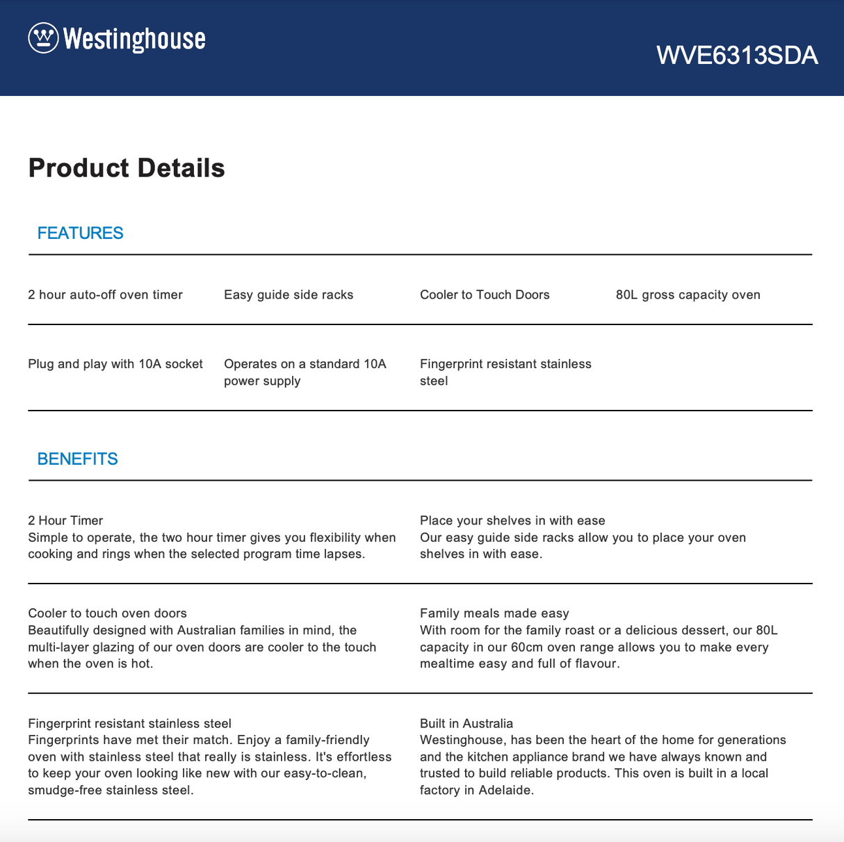 Westinghouse WVE6313SDA 60m Stainless Steel Electric Oven - Westinghouse Factory Seconds