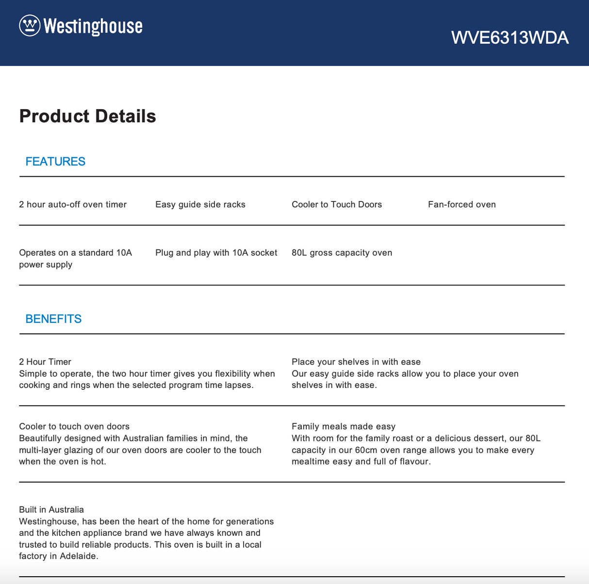Westinghouse WVE6313WDA 60cm White Fan Forced Oven - Westinghouse Factory Seconds