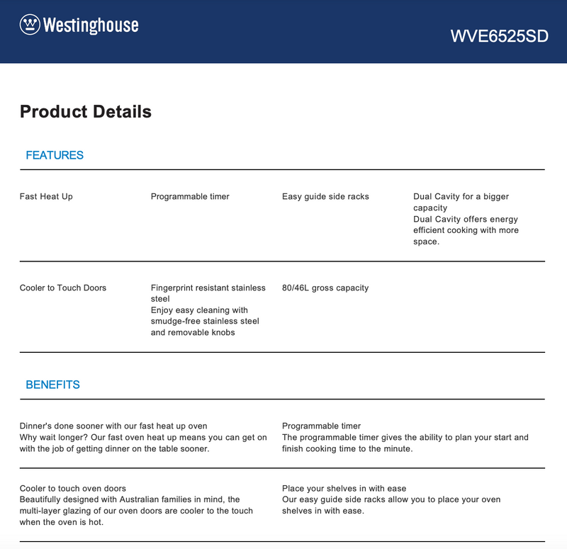 Westinghouse WVE6526DD 60cm Dark Stainless Steel Electric Built-In Double Oven - Westinghouse Seconds Discount