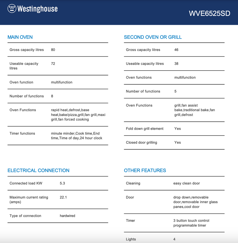 Westinghouse WVE6526DD 60cm Dark Stainless Steel Electric Built-In Double Oven - Westinghouse Seconds Discount