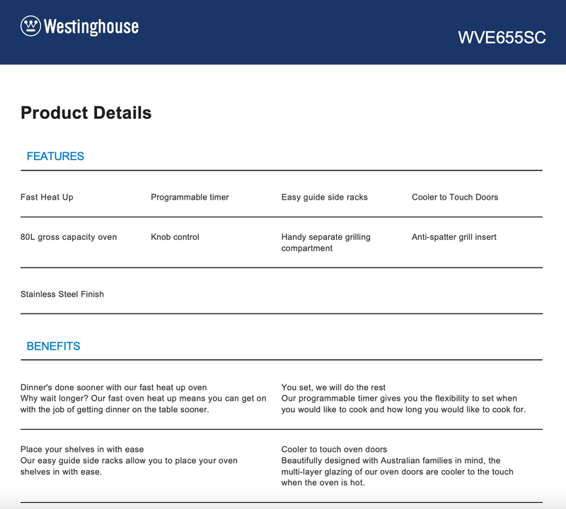 Westinghouse WVE655SC 60cm Electric Built-In Oven with Separate Grill - Westinghouse Seconds Discount