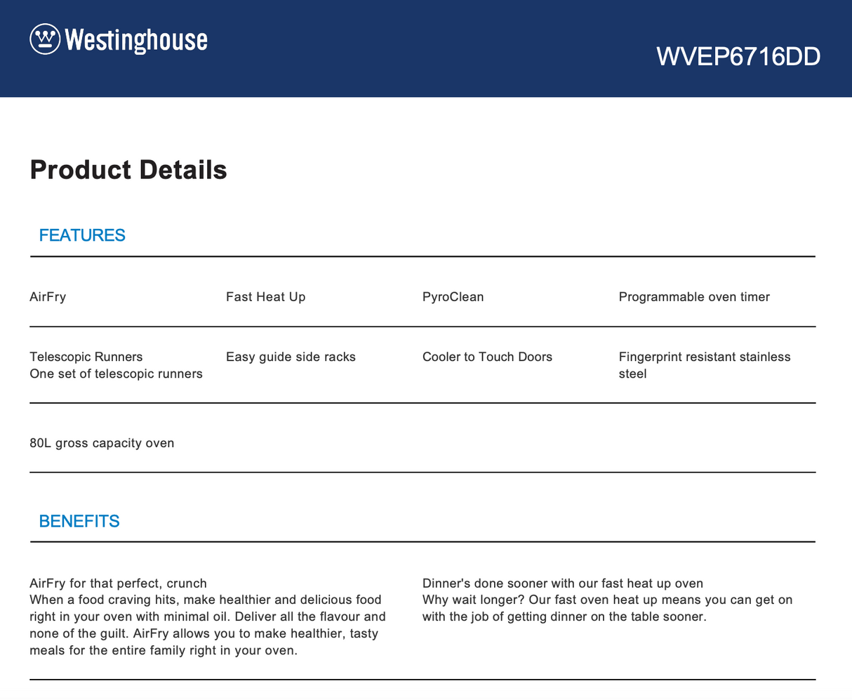 Westinghouse WVEP6716SD 60cm Pyrolytic Stainless Steel Oven - Westinghouse Seconds Discount