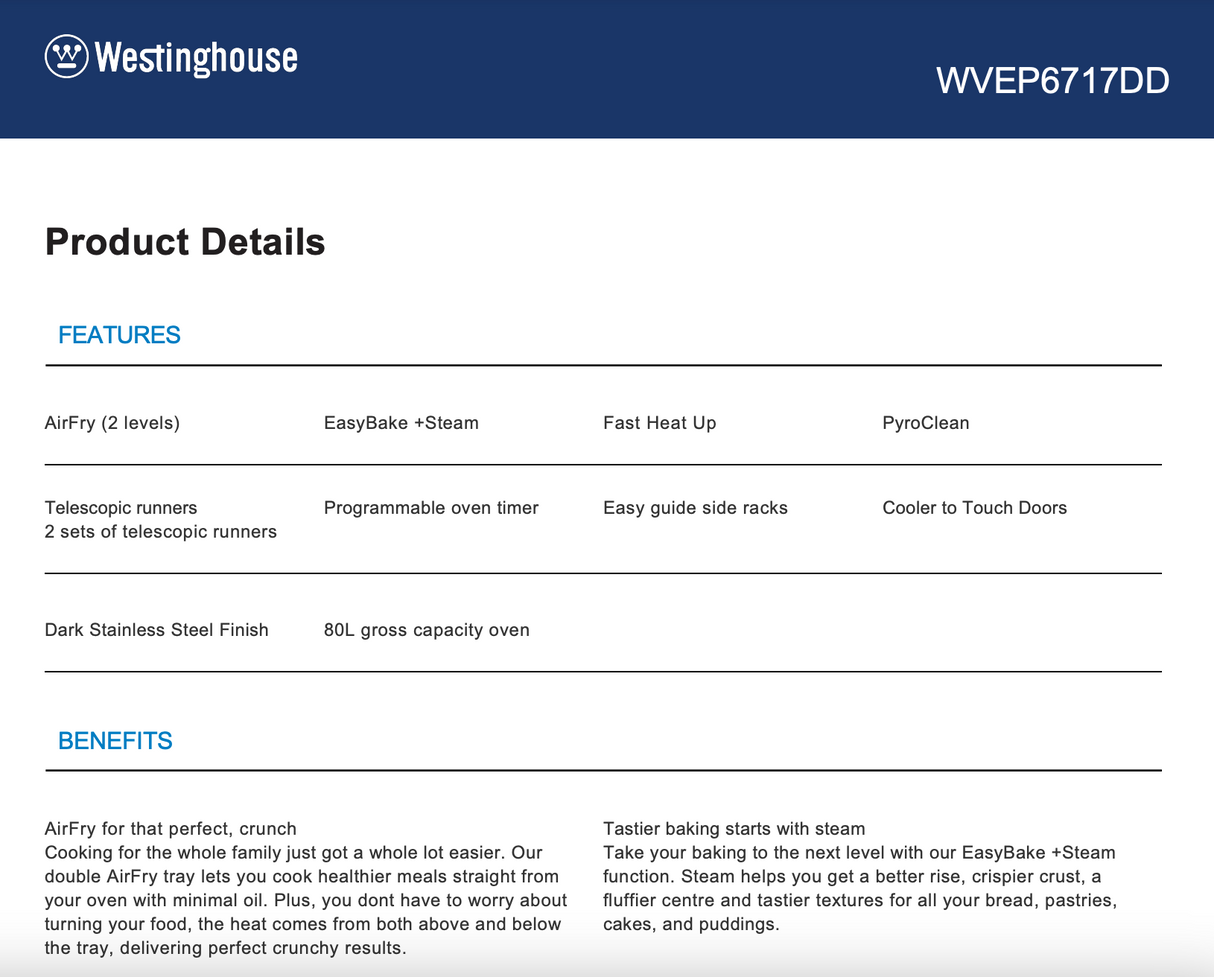 Westinghouse WVEP6717DD 60cm Multi-Function Dark Stainless Steel Pyrolytic Oven with AirFry and SteamBake - Westinghouse Seconds Discount