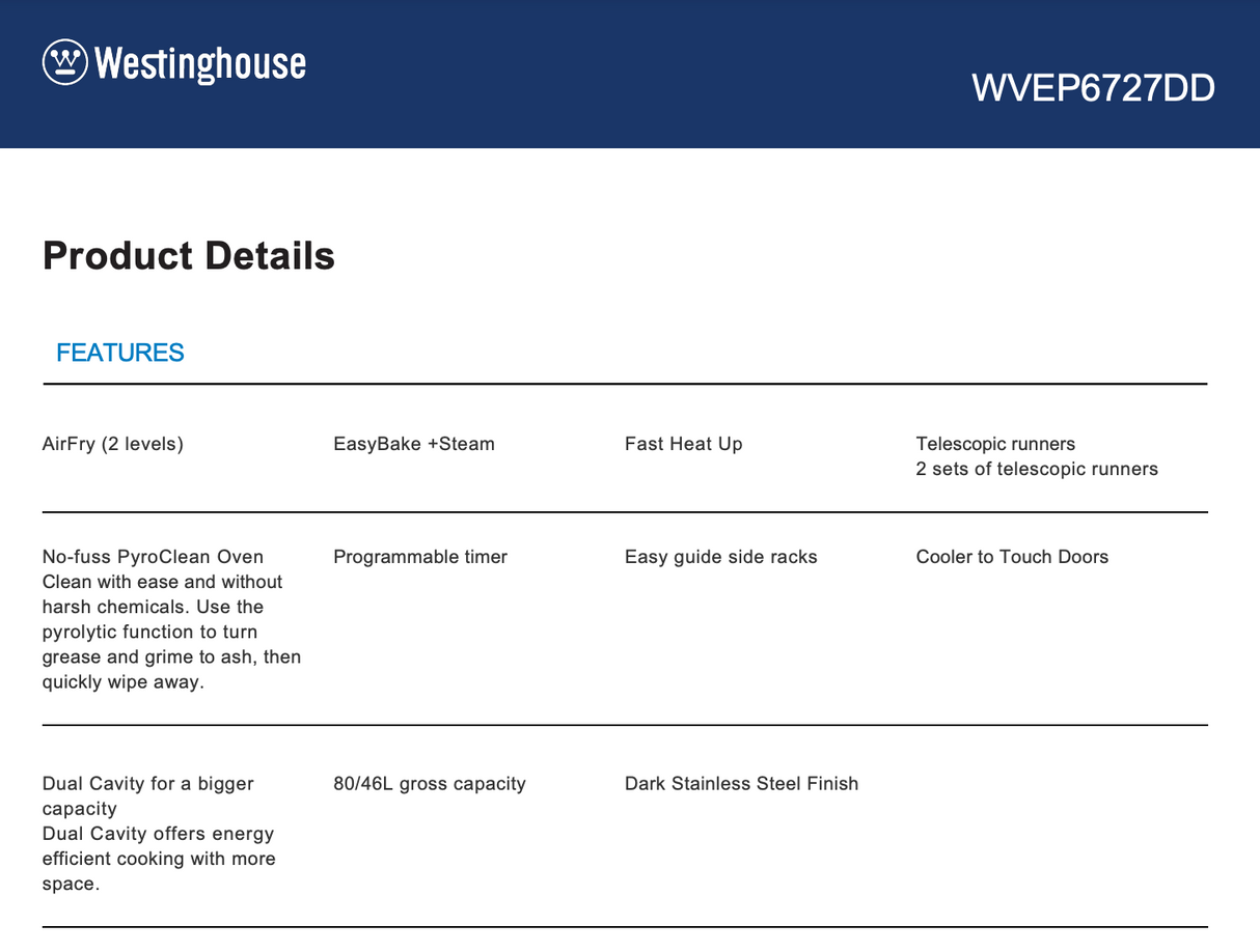 Westinghouse WVEP6727DD Pyrolytic Duo Wall Oven – Westinghouse Factory Seconds