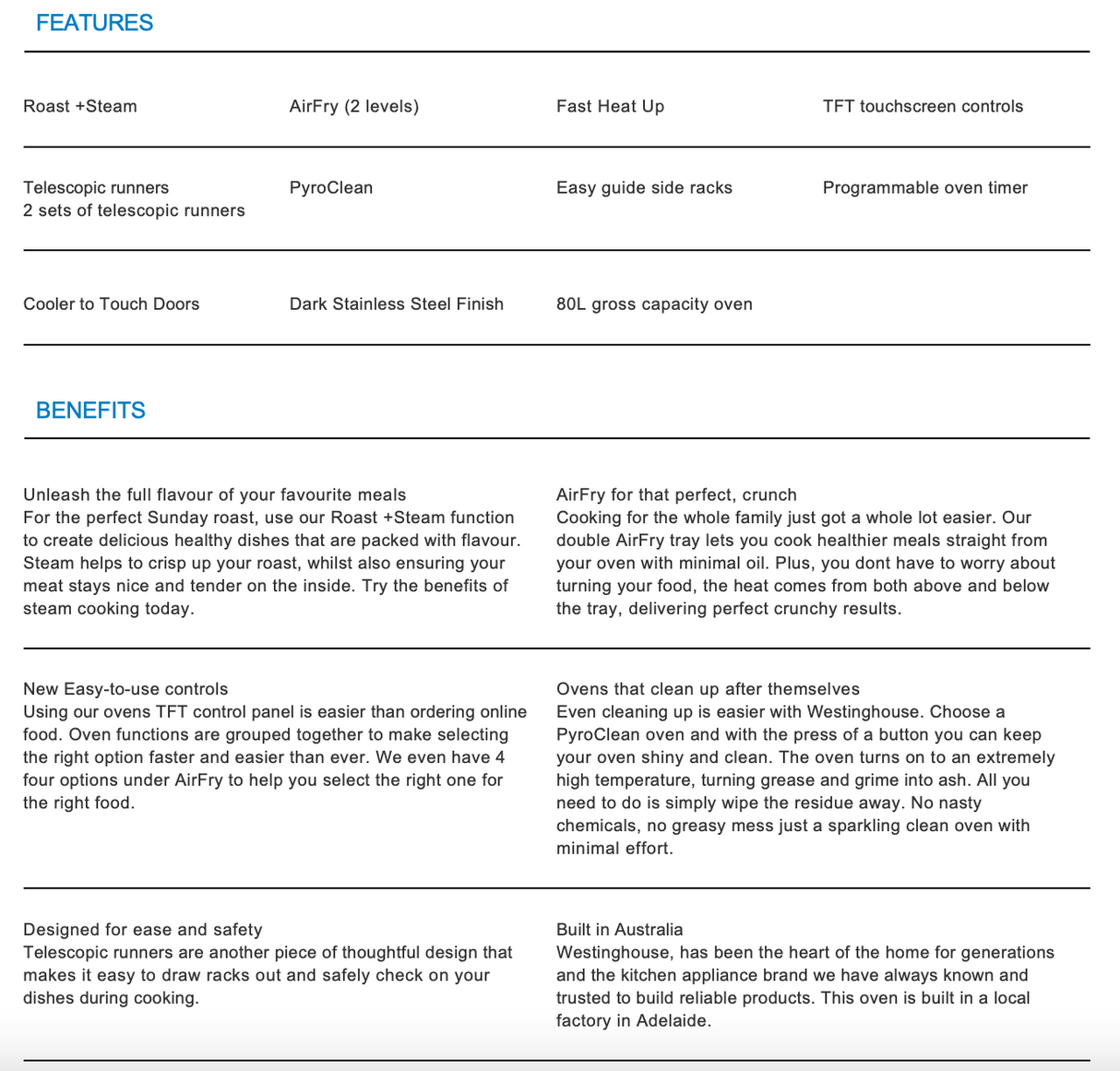 Westinghouse WVEP6918DD 60cm Multi-Function Pyrolytic Oven with AirFry and Steam Roast, Dark Stainless Steel - Factory Seconds