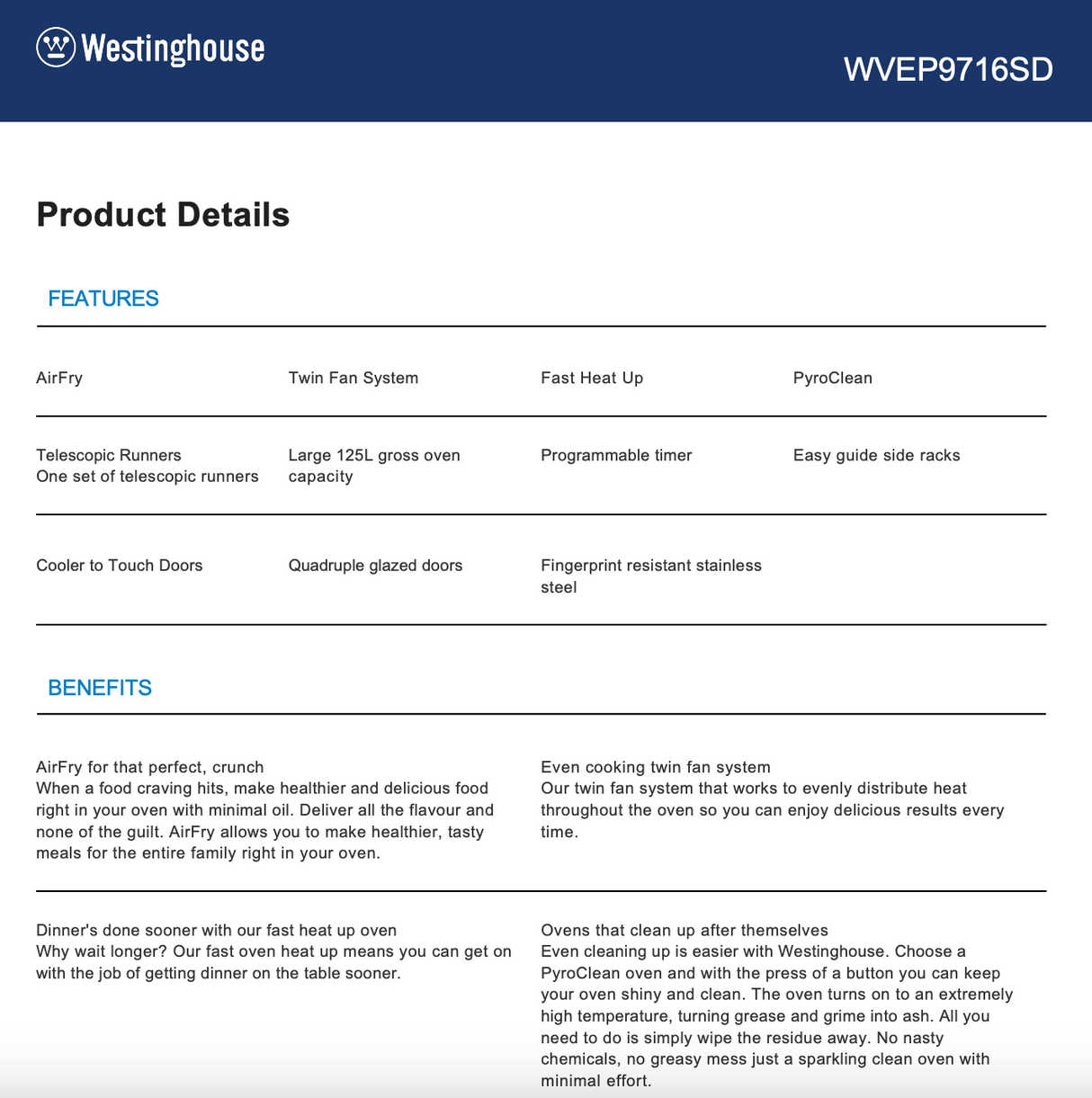 Westinghouse WVEP9716SD 90cm Stainless Steel Pyrolytic Electric Built-In Oven - Westinghouse Factory Seconds