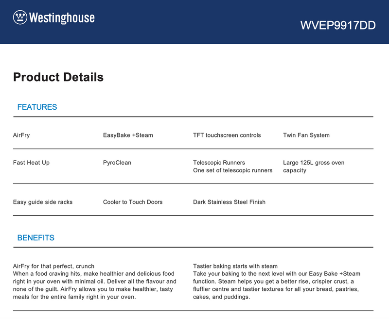 Westinghouse WVEP9917DD 90cm Pyrolytic Electric Built-In Oven - Westinghouse Clearance and Seconds Discount