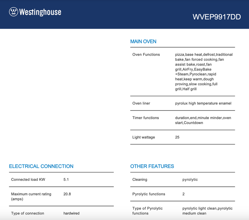 Westinghouse WVEP9917DD 90cm Pyrolytic Electric Built-In Oven - Westinghouse Clearance and Seconds Discount