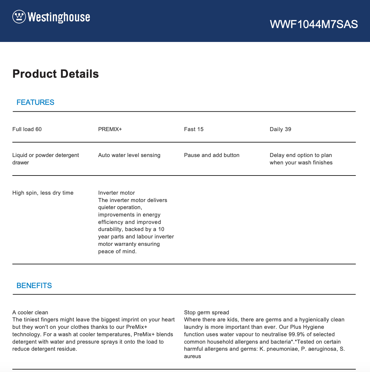 Westinghouse WWF1044M7SAS EasyCare 700 10kg Front Load Washing Machine, Grey - Westinghouse Factory Seconds (Copy)