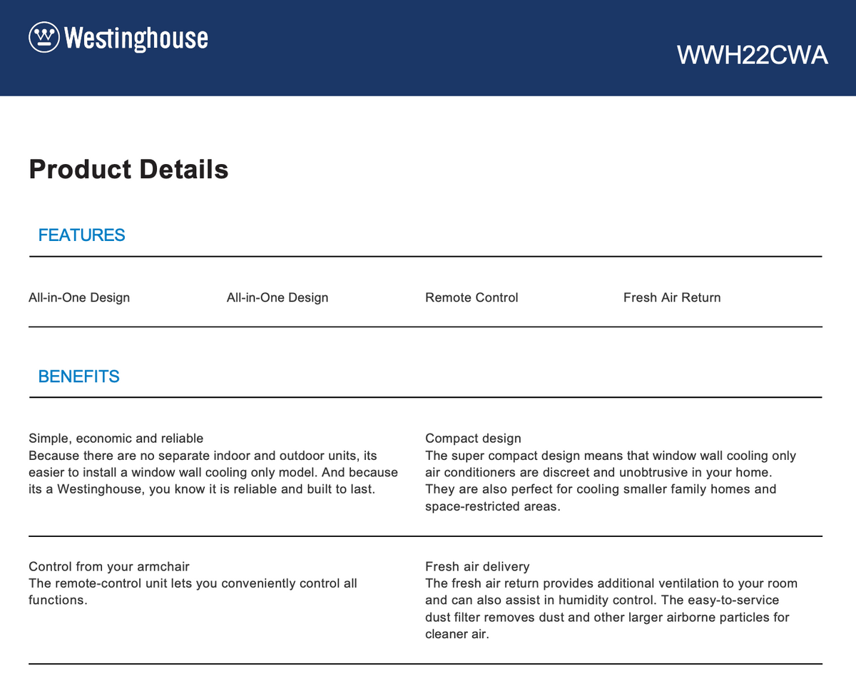 Westinghouse WWH22CWA 2.2kW Window/Wall Cooling Only Air Conditioner - Factory Seconds